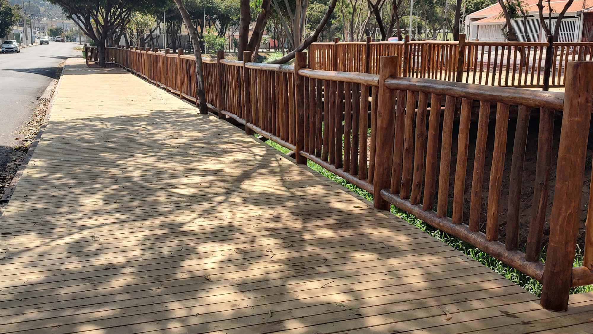 Deck de madeira tratada com guarda-corpo ao redor de uma árvore